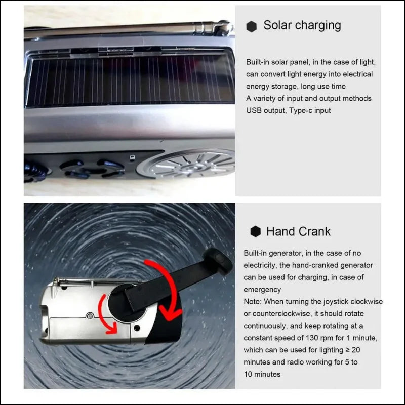 Handkurbelradio mit solarpanel, notstrom powerbank und kurbel für mobile notladungen