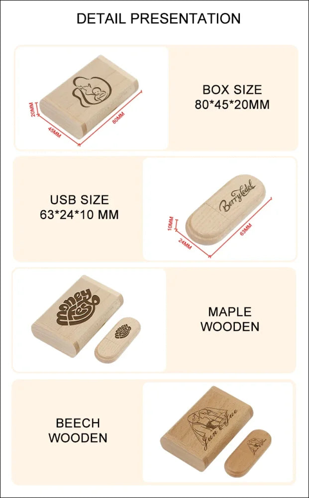 Usb-stick und aufbewahrungsbox aus holz mit eingravierten motiven.