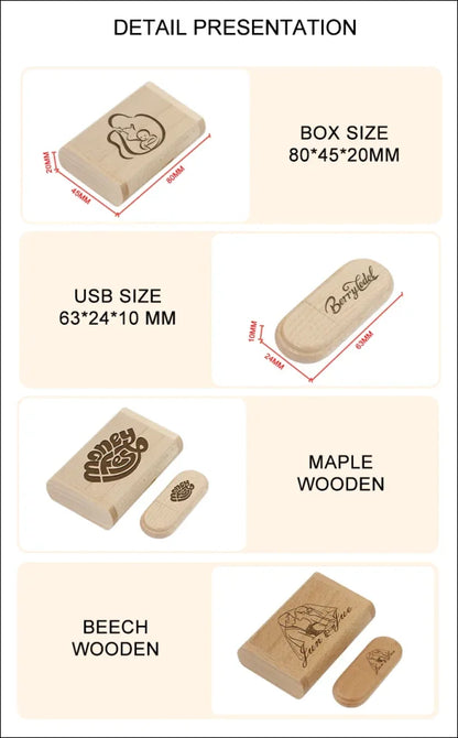 Usb-stick und aufbewahrungsbox aus holz mit eingravierten motiven.