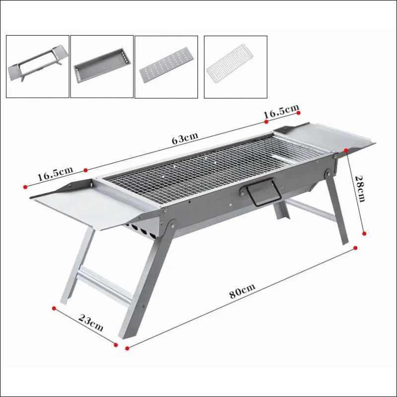 Klappbarer grill mit ausklappbaren stellflächen und messangaben – praktische multifunktion