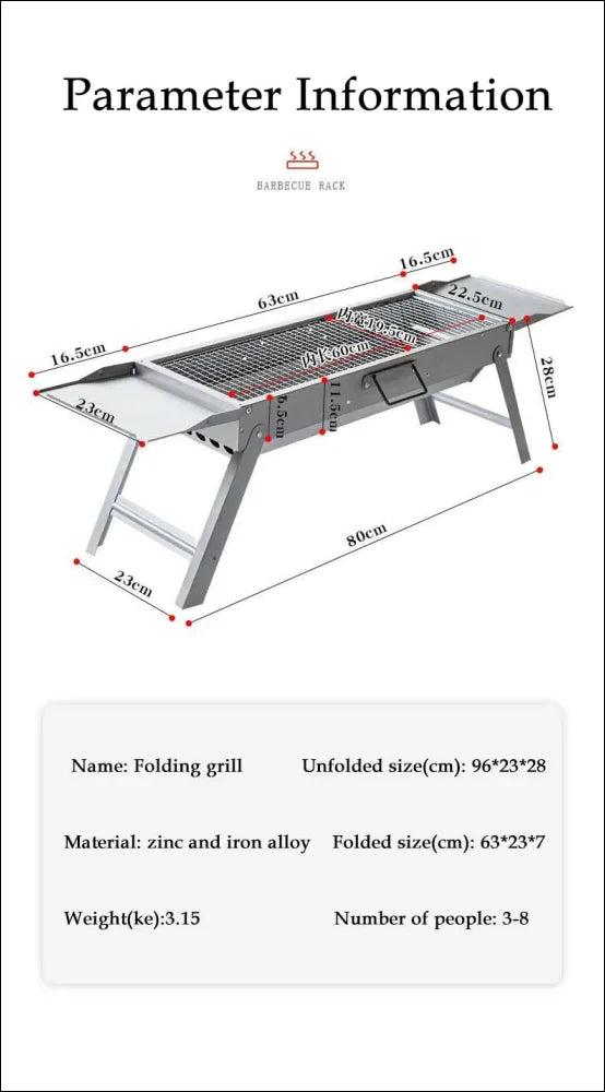 ’klappbarer grill mit ausklappbaren stellflächen und detaillierten maßen - praktische multifunktion’