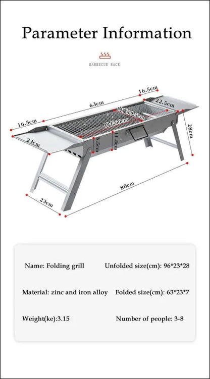 ’klappbarer grill mit ausklappbaren stellflächen und detaillierten maßen - praktische multifunktion’