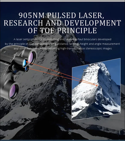 Ein fernglas, das laserstrahlen in richtung eines verschneiten berggipfels aussendet.