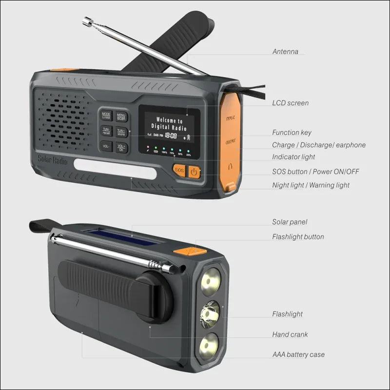 Multifunktionales notfallradio mit solarpanel, taschenlampe und handkurbel.