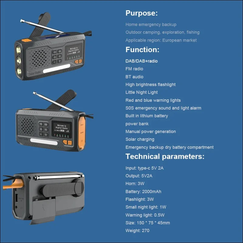 Multifunktionales notfallradio mit taschenlampe, solarladung und verschiedenen sicherheitsfunktionen.