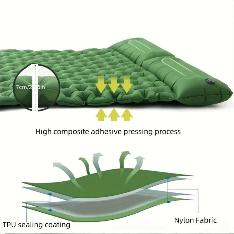 Grüne Camping-Luftmatte 200x120cm mit integrierter Fußpumpe und strukturiertem Design