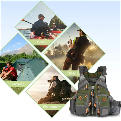 Collage von outdoor-aktivitäten wie bootfahren, angeln, camping, fotografie und einer warnweste.