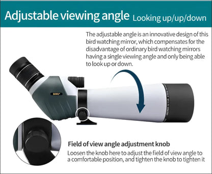 Vogelbeobachtungsspiegel mit einstellbarem blickwinkel für den blick nach oben, oben oder unten.