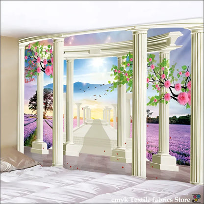 Mural mit mediterranem Wandbehang als Fensterdekoration mit Lavendelfeldern und Kirschblüten