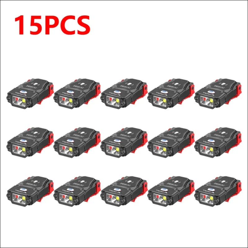 Set aus 15 kompakten schwarz-roten led-stirnlampen mit typ-c-ladung und klammer. Sparpack verfügbar