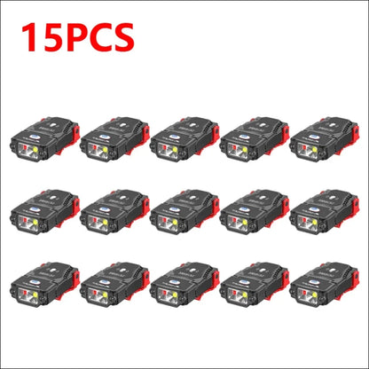 Set aus 15 kompakten schwarz-roten led-stirnlampen mit typ-c-ladung und klammer. Sparpack verfügbar