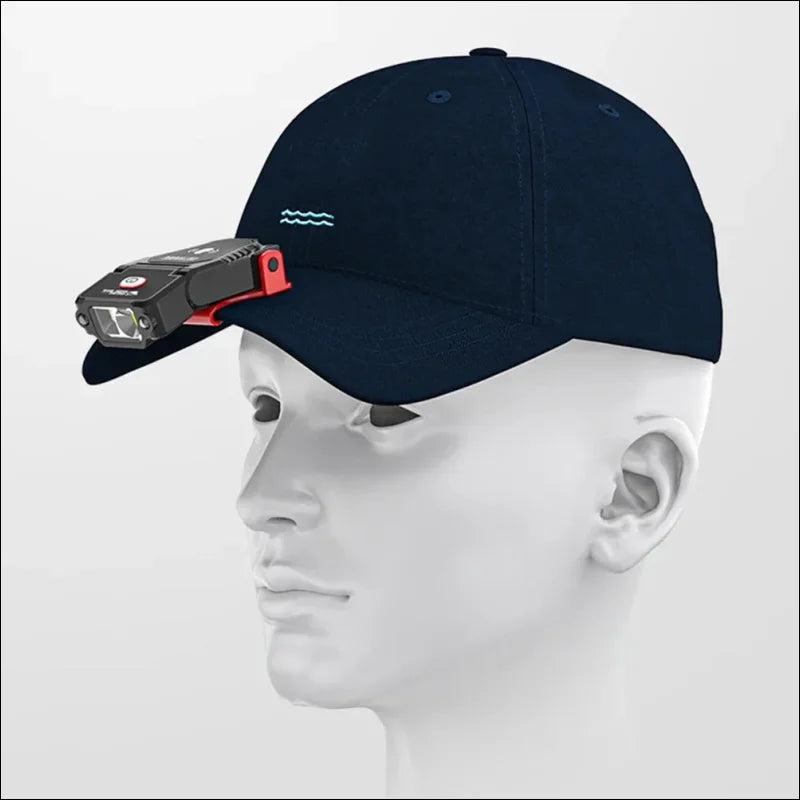 Navy blue baseball cap mit mini led-stirnlampe, typ-c-ladung und klammer, extrem leicht