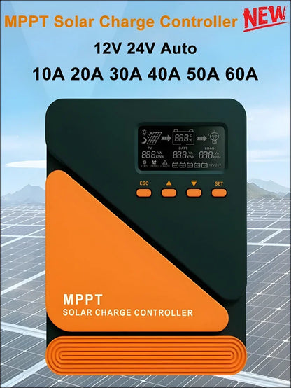 Mppt laderegler mit orange-schwarzem design, display und buttons für intelligentere aufladung