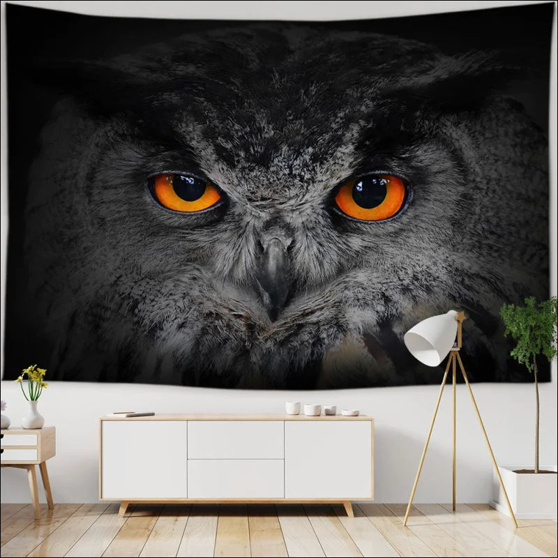 Owl tapestry with striking orange eyes for a cozy nature vibe at home