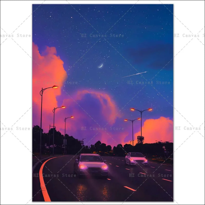 Auto fährt nachts auf straße mit hellem himmel – neon-autobahn der 90er canvas kunst wandteppich