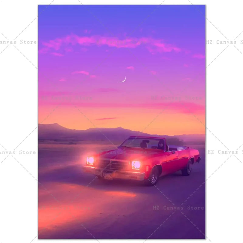 Auto in der wüste bei sonnenuntergang - neon-autobahn der 90er canvas kunst wandteppich