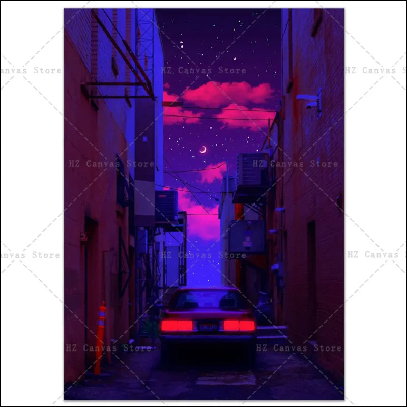 Ein auto parkt nachts in einer gasse - neon-autobahn der 90er canvas kunst wandteppich