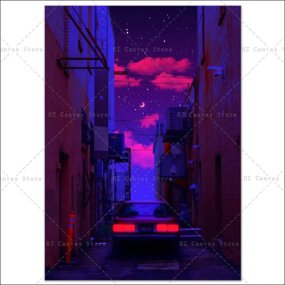 Ein auto parkt nachts in einer gasse - neon-autobahn der 90er canvas kunst wandteppich