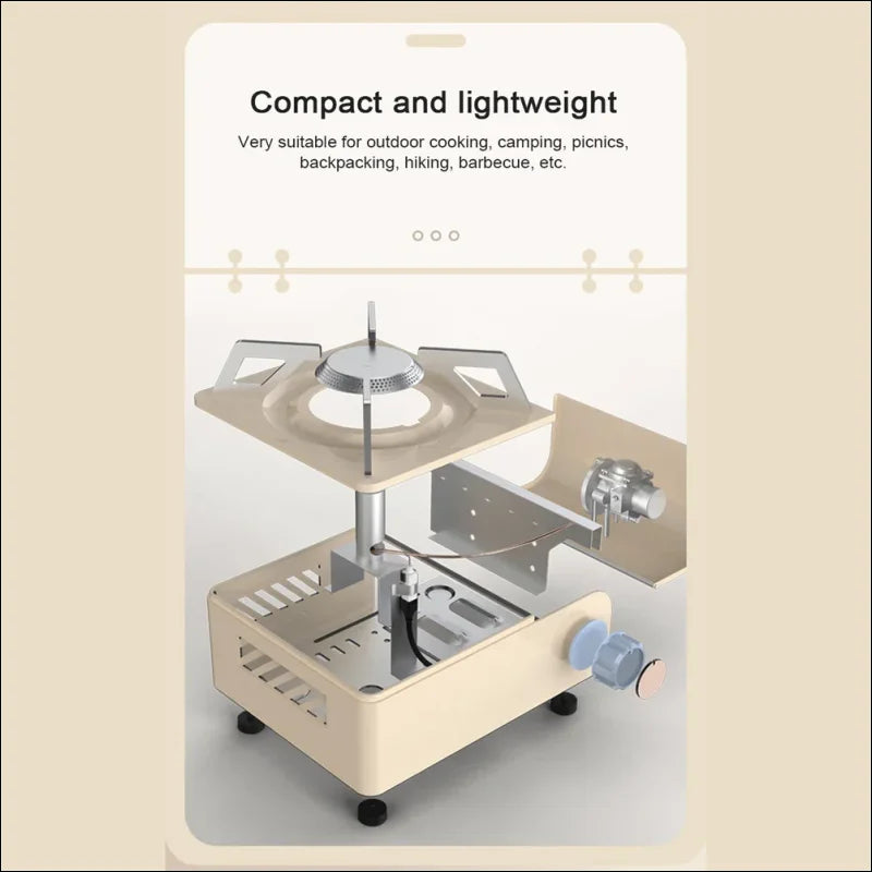 Kompakter, tragbarer campingkocher mit einem brenner und brennstoffkanisteraufsatz.