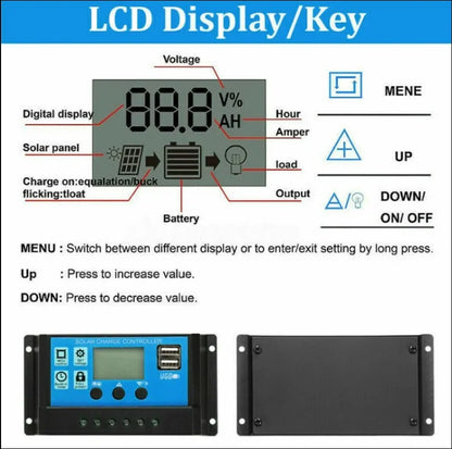 Nahaufnahme eines digitalen displays mit schlüssel des tragbares 200-w-solarpanel-set mit solarregler