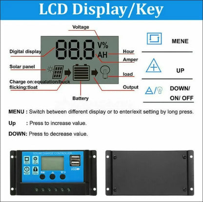 Detailansicht eines solarreglers vom tragbares 200-w-solarpanel-set mit dual-usb und lcd