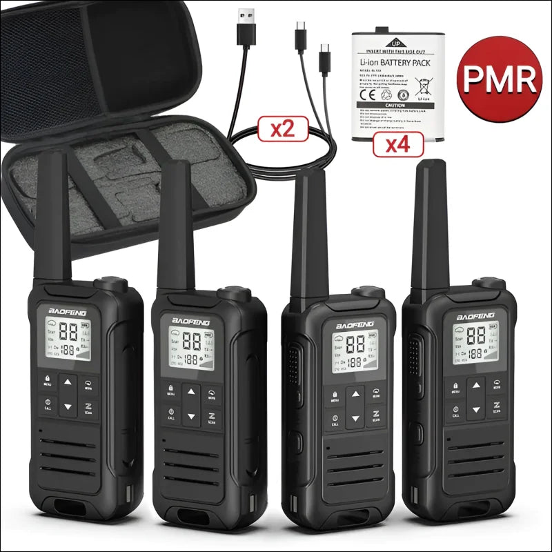 Drei baofeng f22 pmr frs walkie talkies mit tragetasche und ladegerät für zwei