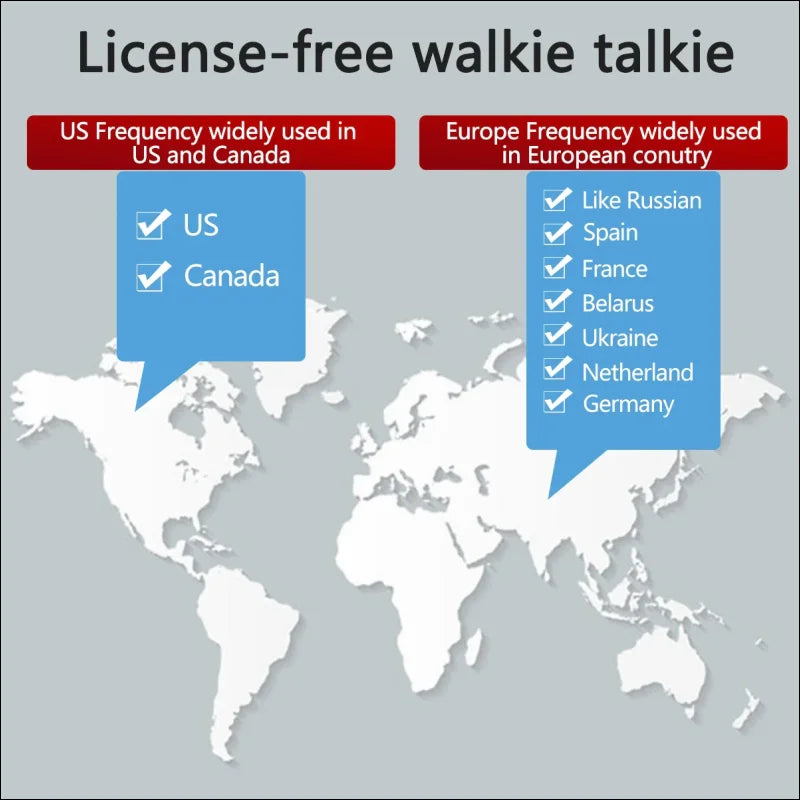 Karte mit ländernamen, die lizenzfreie baofeng f22 pmr frs walkie talkies zeigen