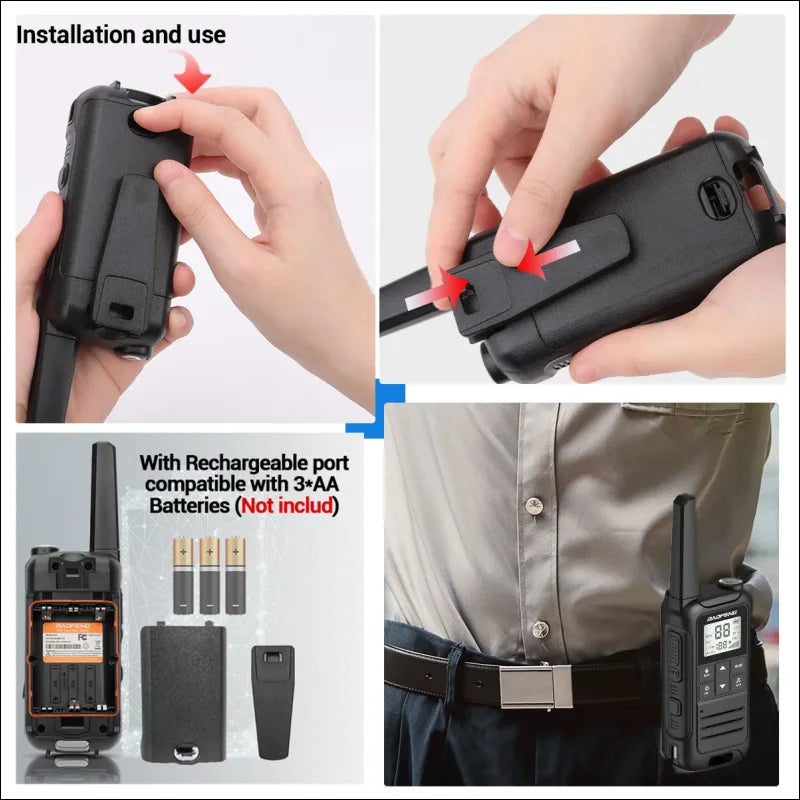 Person hält baofeng f22 pmr frs walkie talkie mit batterie