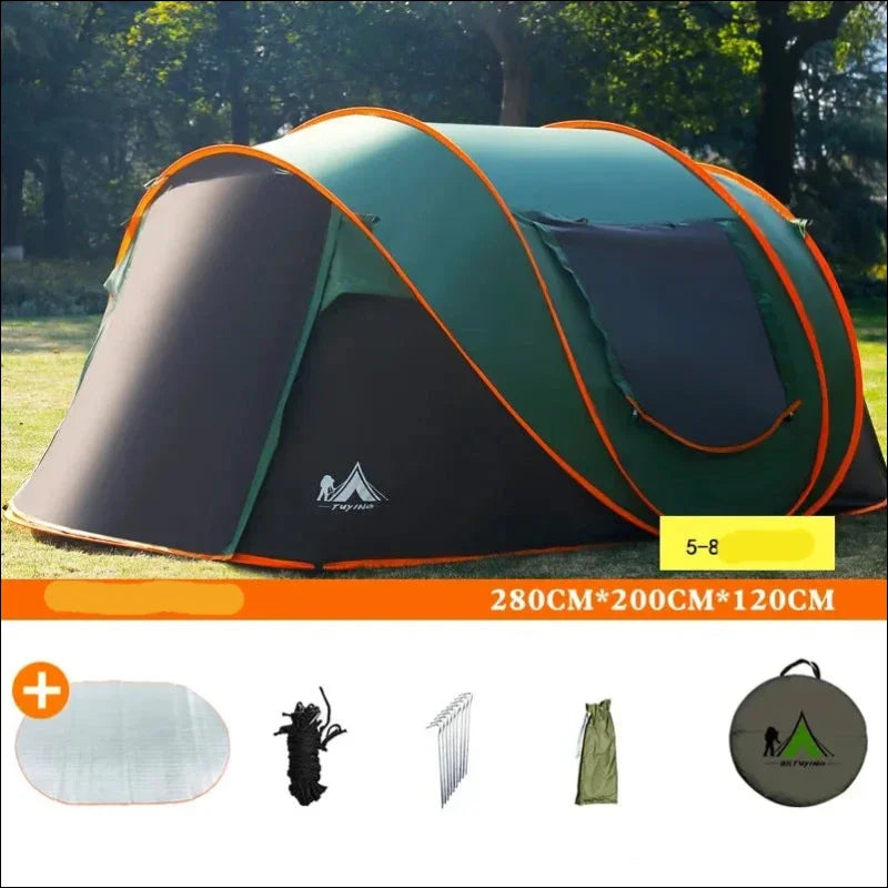 Pop-up-campingzelt mit grünem und orangefarbenem farbschema.