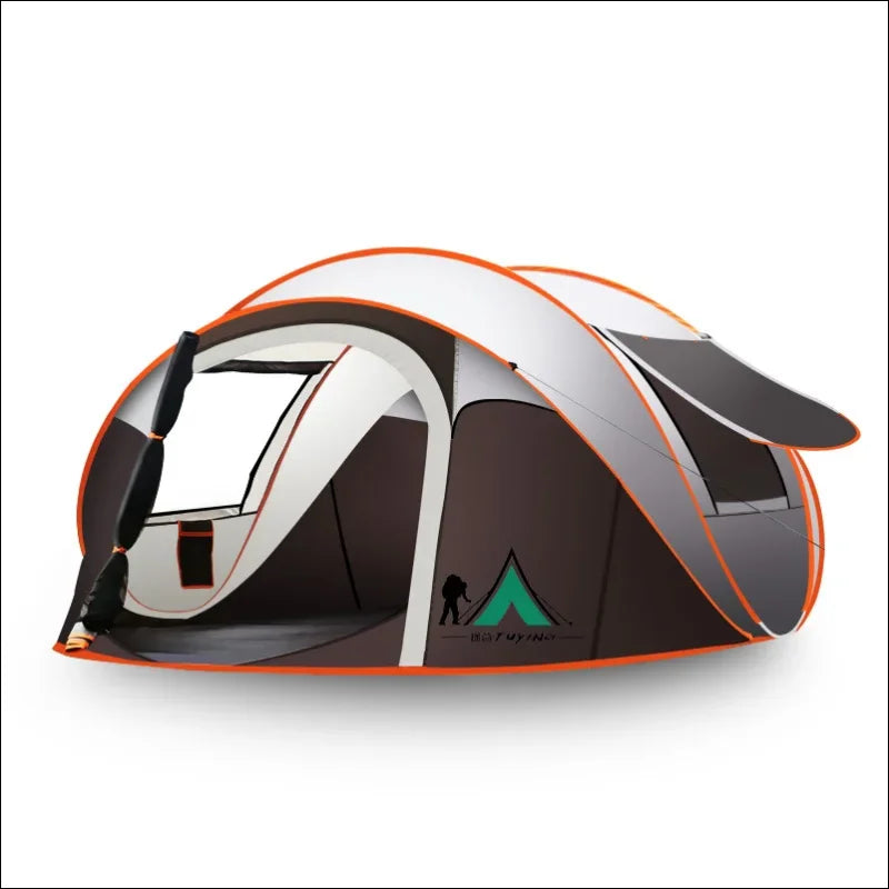 Pop-up-campingzelt mit modernem design in den farben weiß, braun und orange.