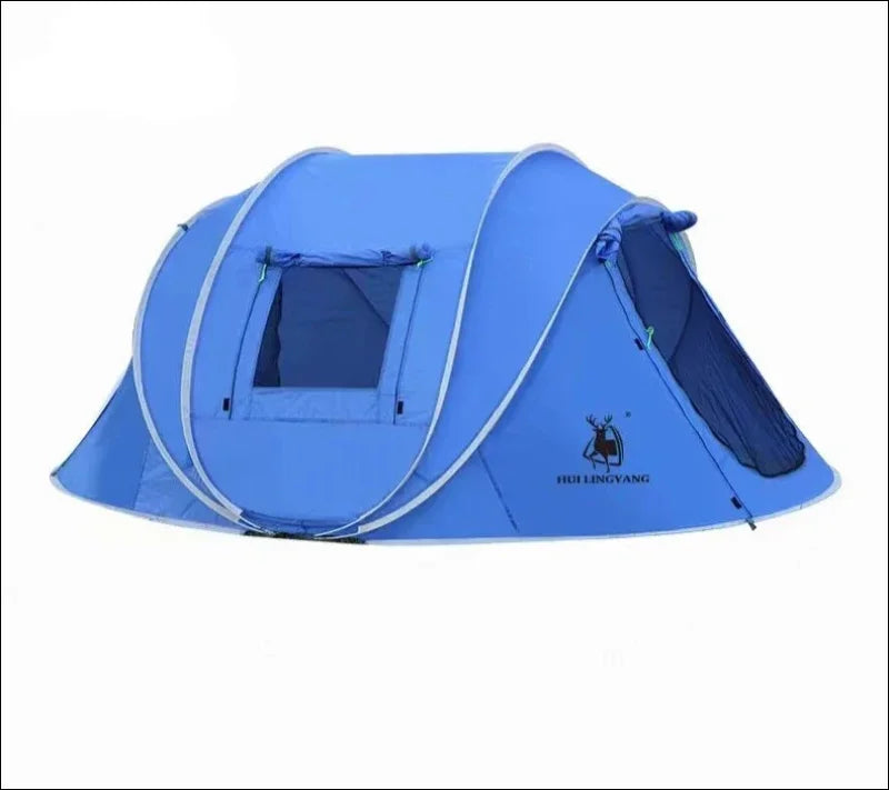 Blaues pop-up-campingzelt mit einem kleinen fenster und einem hirsch-logo.