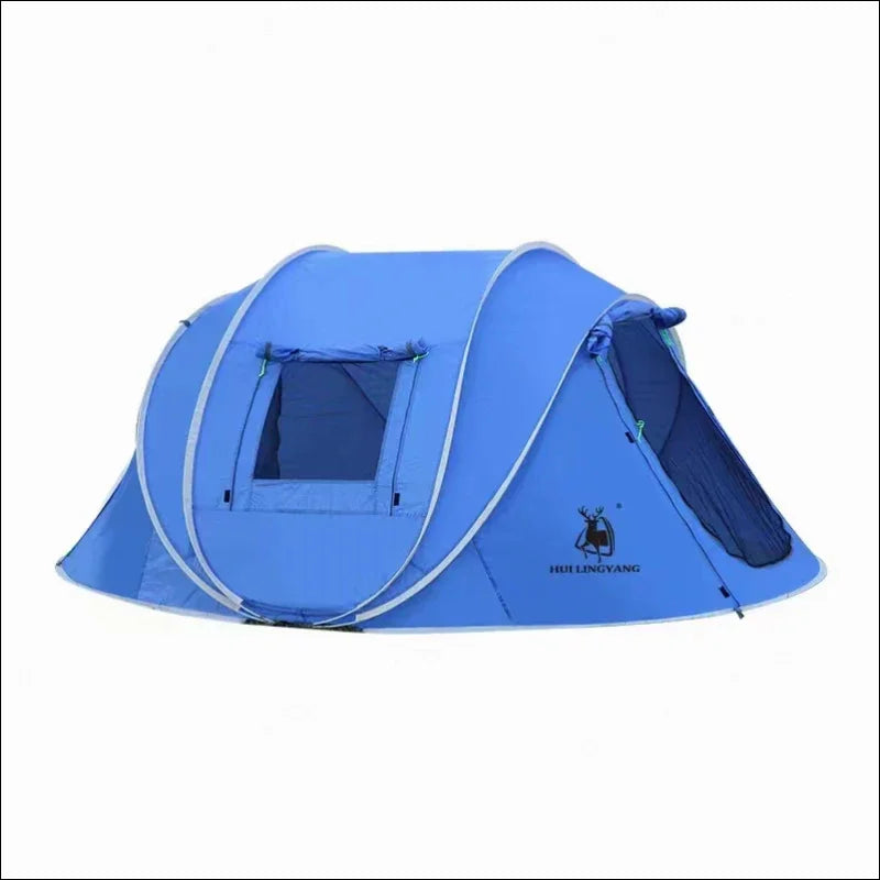 Blaues pop-up-campingzelt mit einem kleinen fenster und einem hirsch-logo.