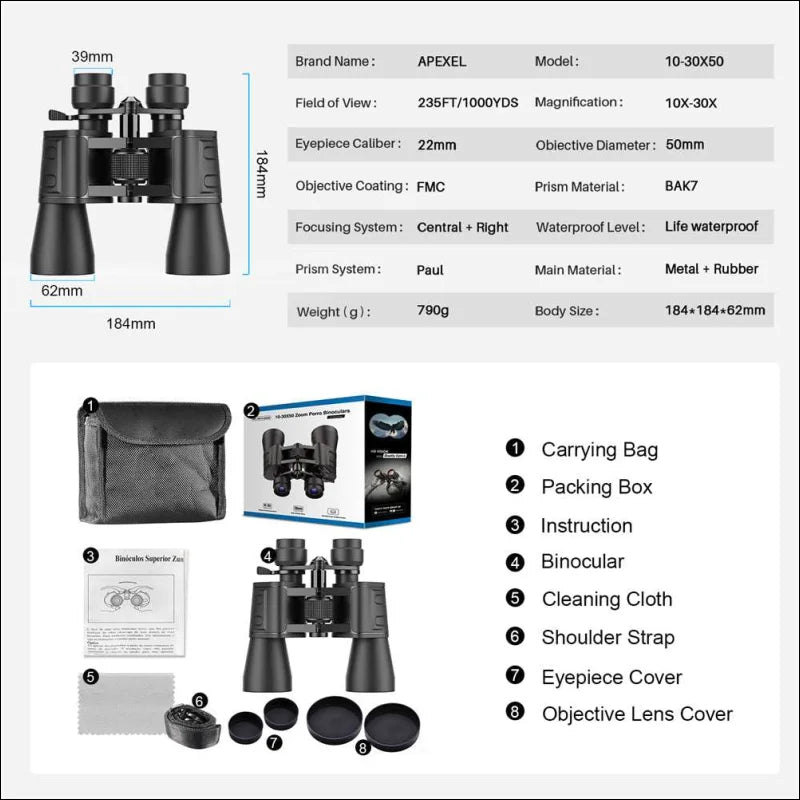 Das apexel fernglas 10–30x50 mit großer optik für camping kaufen.