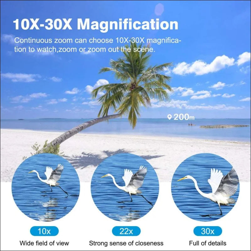 Ein bild vom strand mit palme, dargestellt in 10–30 x 50 hd-fernglas mit großer optik