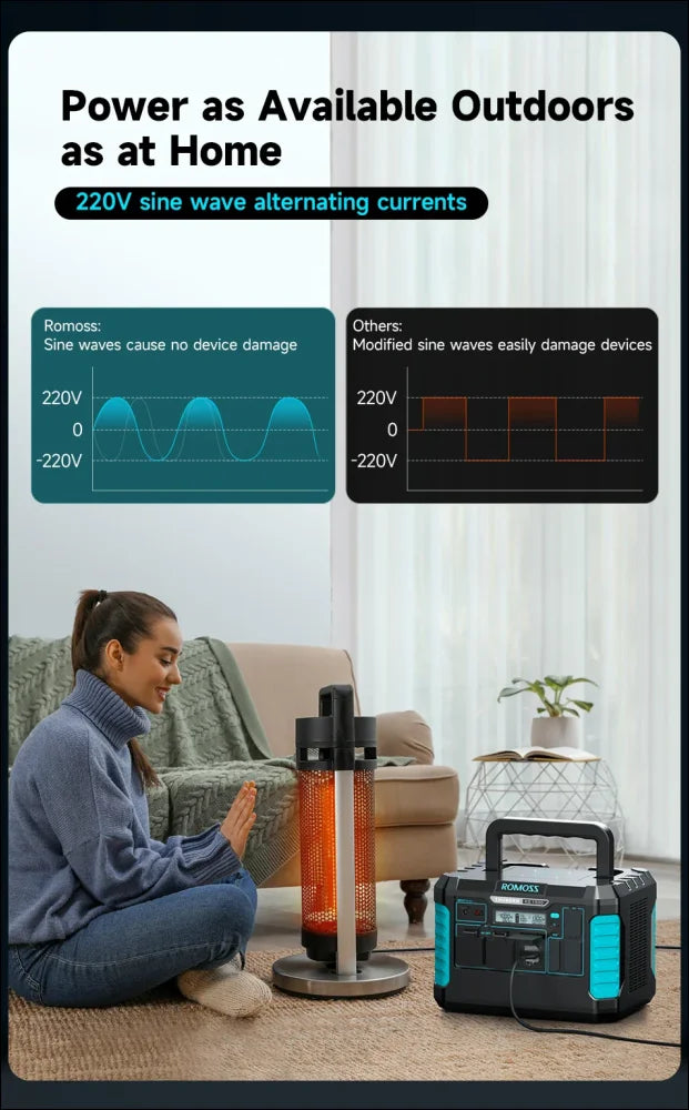 Tragbares elektrizitätswerk mit sinuswellenausgang, dargestellt neben einem heizgerät in einer wohnumgebung.