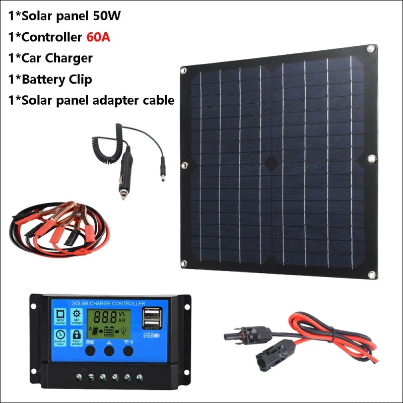 50w solarpanel mit usb, batteriecontroller, und batterie nahaufnahme