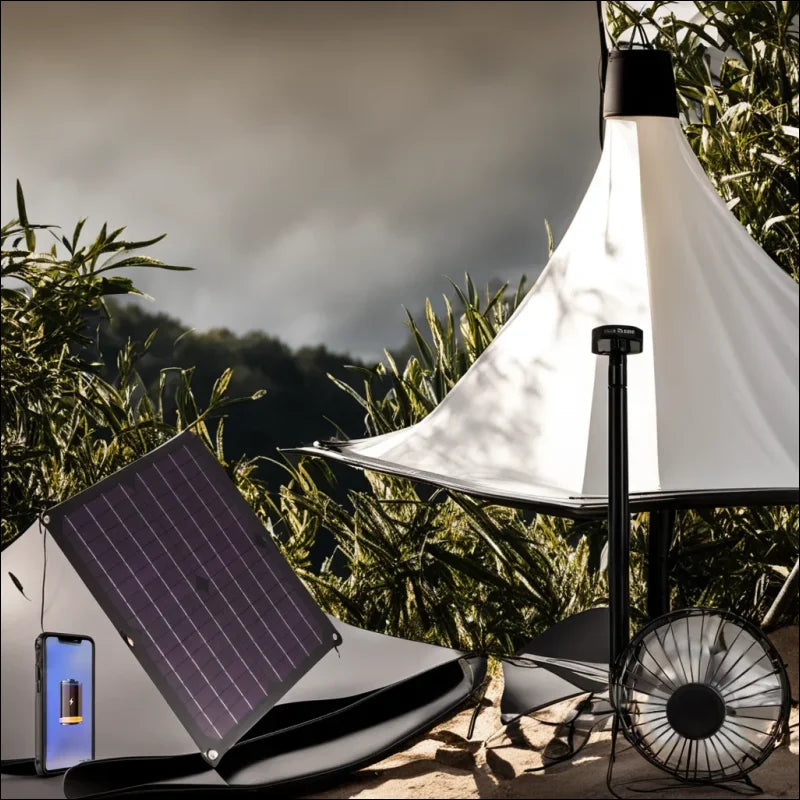 50w solarpanel mit batteriecontroller neben einer solarbetriebene lampe und windturbine