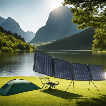 50w solarpanel mit usb und batteriecontroller am seeufer auf dem gras