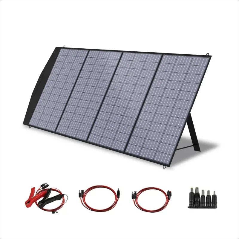 Nahaufnahme eines faltbaren 400-w-solarpanels mit batterie und kabeln für den außenbereich