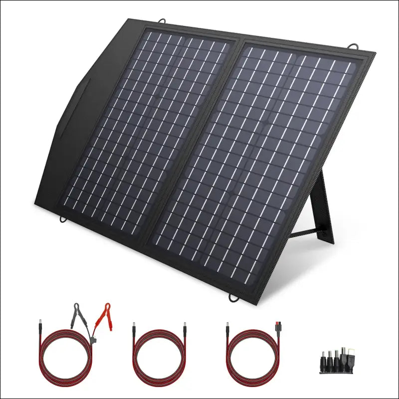 Faltbares 400-w-solarmodul mit zwei kabeln und netzkabel für den außenbereich