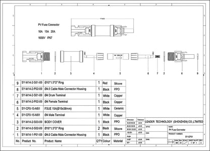 Technisches Diagramm der Solarstecker mit Keramik Schmelzsicherung für Solaranlagen