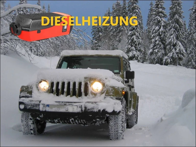 Jeep fährt durch verschneiten wald mit diesel-luft heizung