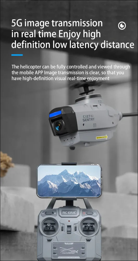 Der c127 mini-spy-drone mit 1080p hd-kamera fliegt über eine beeindruckende gebirgskette