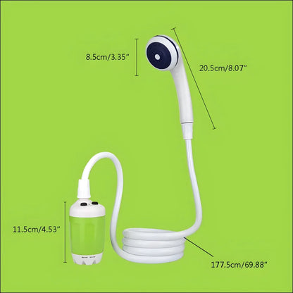 Tragbare elektrische campingdusche 5v mit grünem und weißem licht und weißem kabel