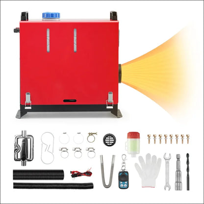 Rote box mit licht und werkzeugen für die standheizung mit lcd thermostat fernbedienung.