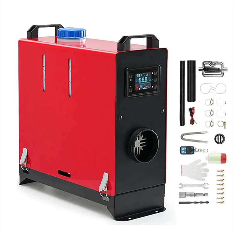 Rote und schwarze tragbare sauerstoffmaschine mit blauem licht und lcd-thermostat fernbedienung.