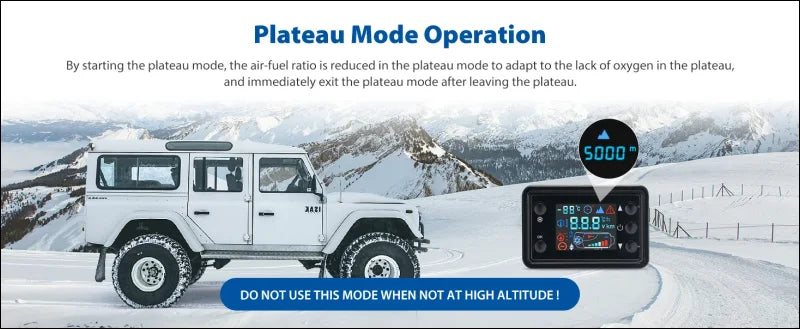 Weißer jeep auf verschneiter straße mit lcd thermostat fernbedienung für die standheizung.