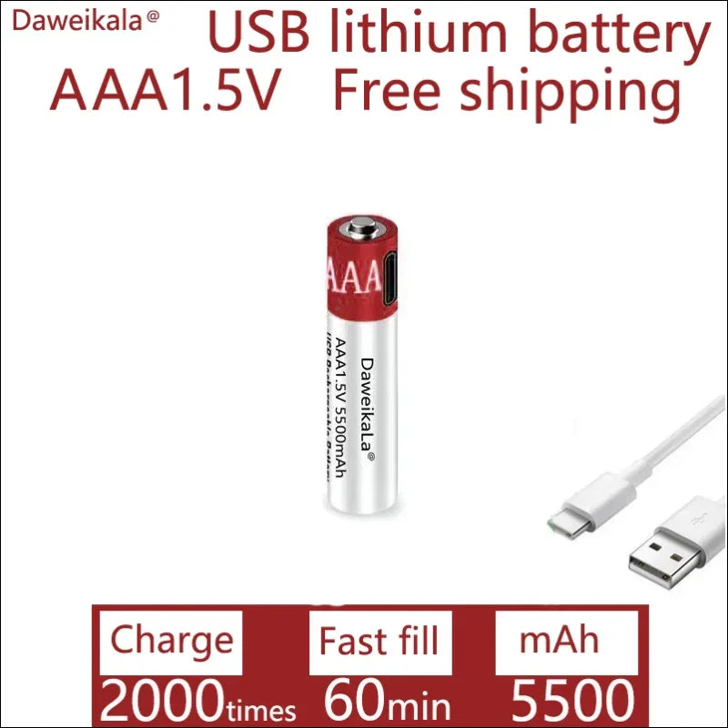 Über usb wiederaufladbare aaa-lithiumbatterie mit 1,5 v spannung und 5500 mah kapazität.