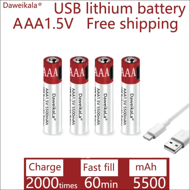 Über usb wiederaufladbare aaa-lithiumbatterien mit 1,5 v und 5500 mah kapazität.