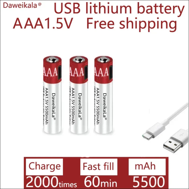 Über usb wiederaufladbare aaa-lithiumbatterien mit 1,5 v spannung und 5500 mah kapazität.